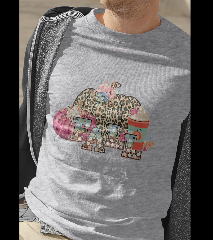 FALL Leopard Print Pumpkin With Coffee Latte And Flowers T-Shirt