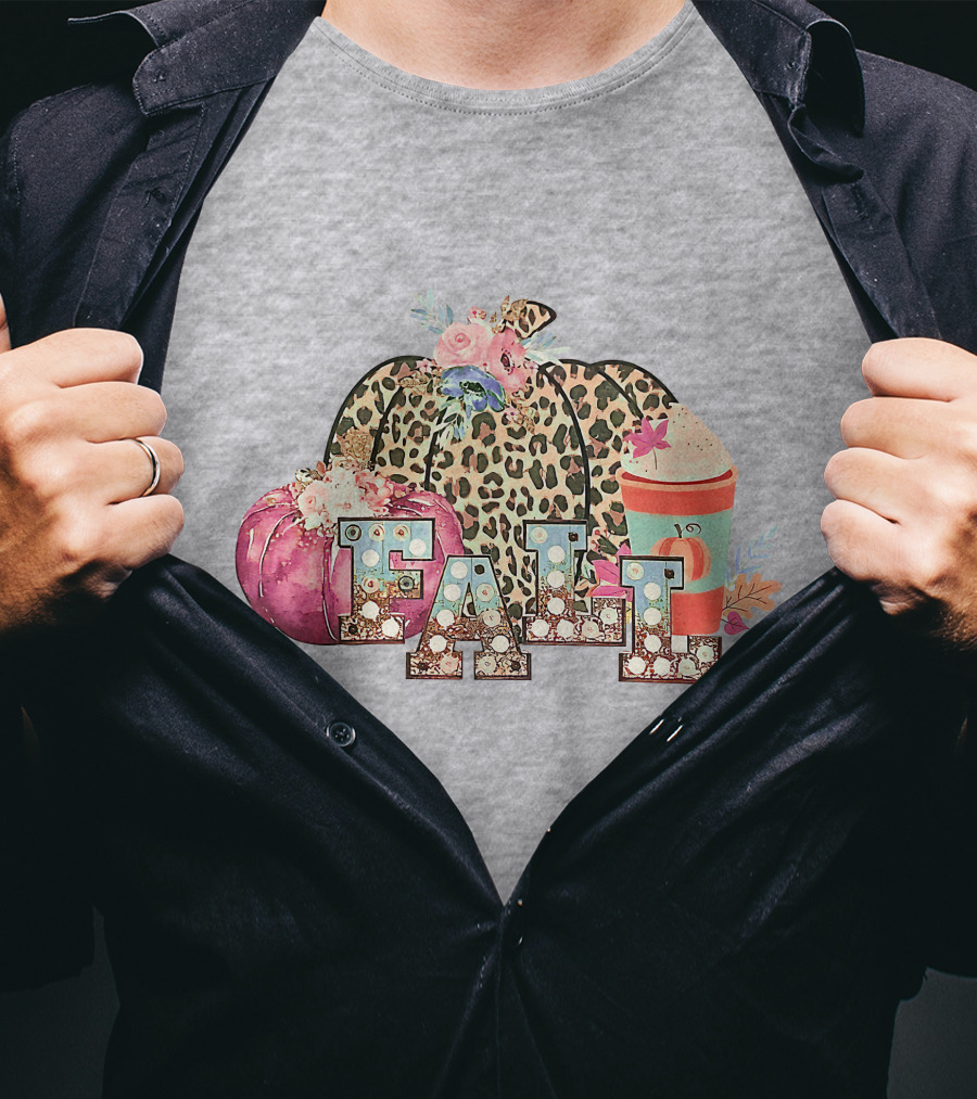 FALL Leopard Print Pumpkin With Coffee Latte And Flowers T-Shirt