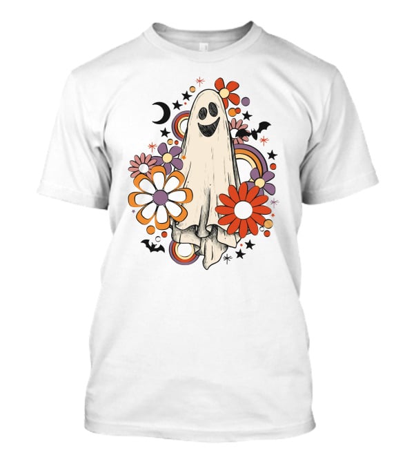 Retro Halloween Ghost With Flowers And Bats T-Shirt