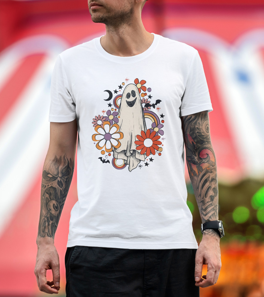 Retro Halloween Ghost with Flowers and Bats T-Shirt