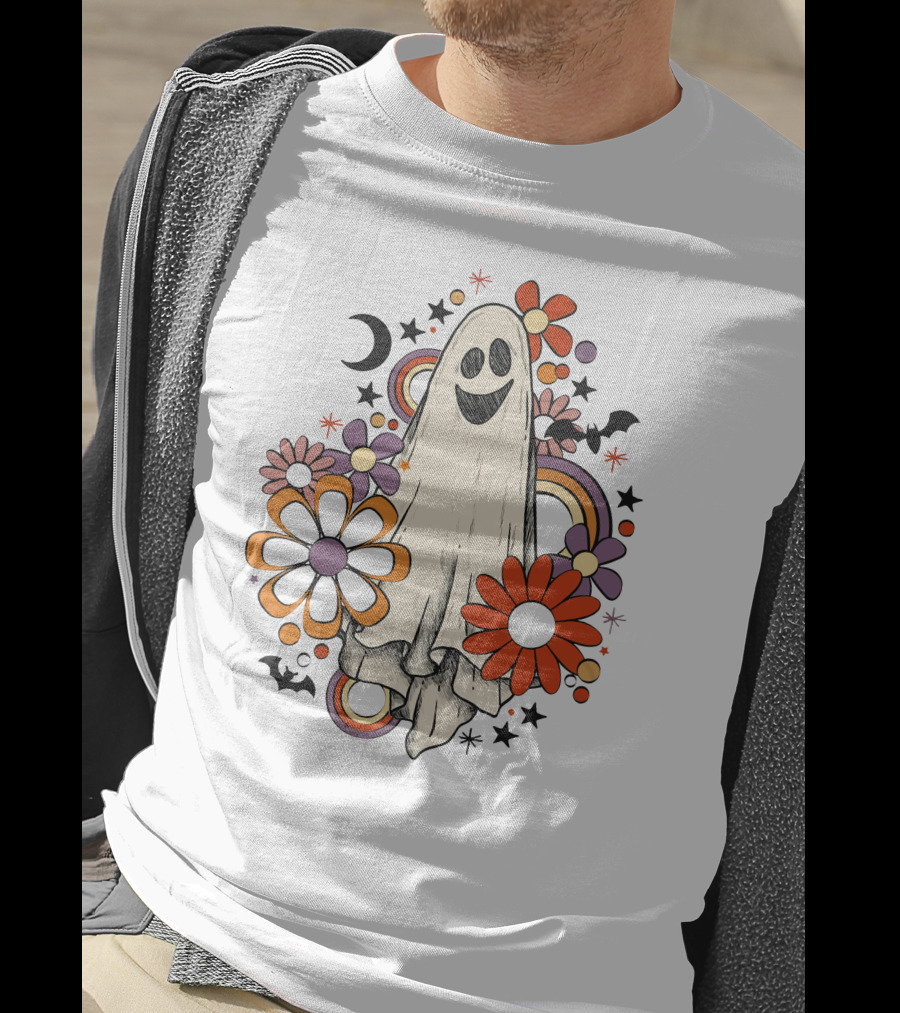 Retro Halloween Ghost With Flowers And Bats T-Shirt