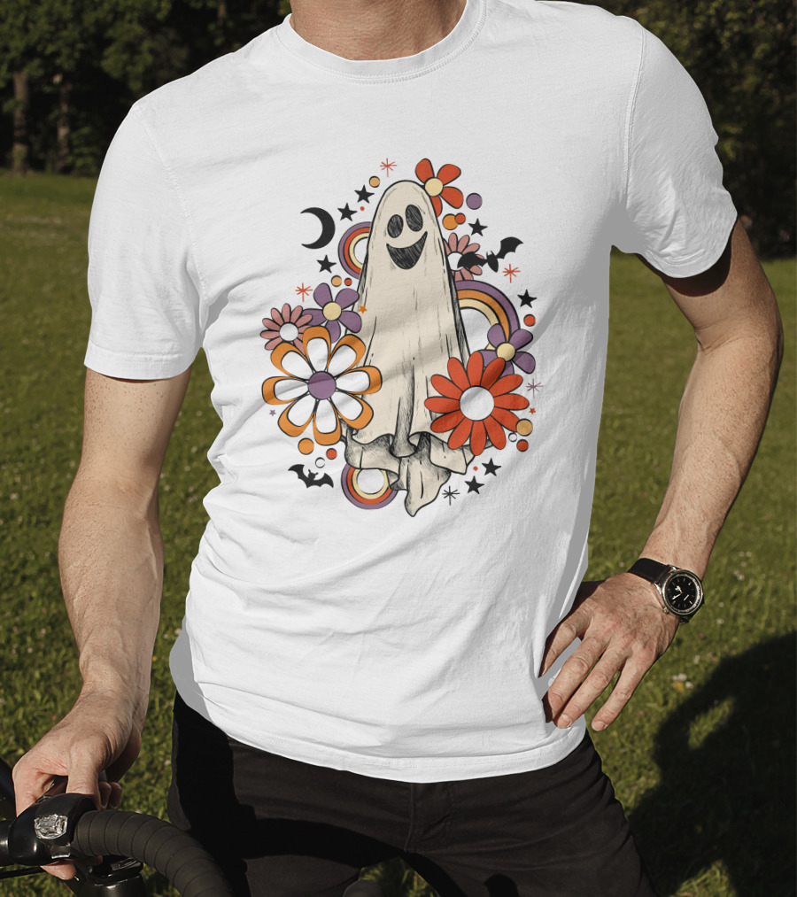 Retro Halloween Ghost With Flowers And Bats T-Shirt