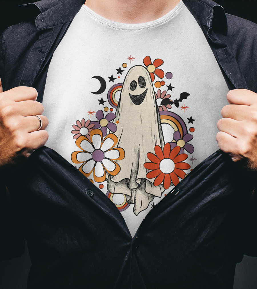 Retro Halloween Ghost With Flowers And Bats T-Shirt