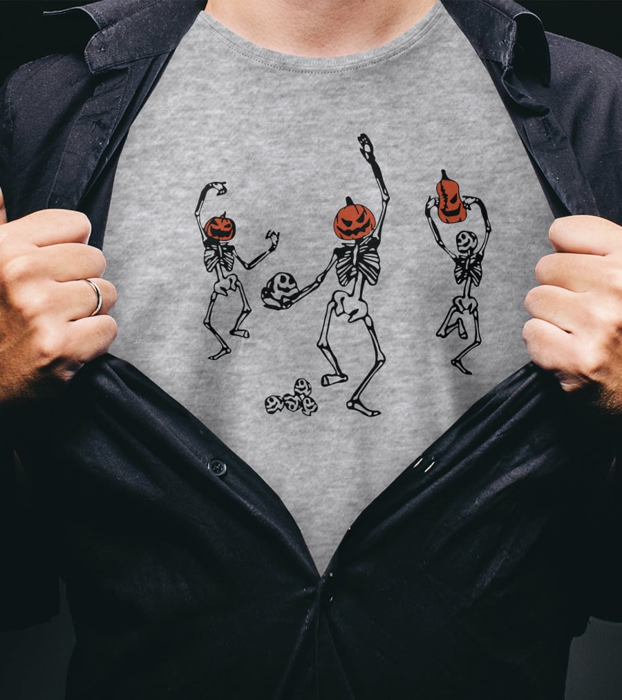 Dancing Pumpkin-Head Skeletons Halloween T-Shirt