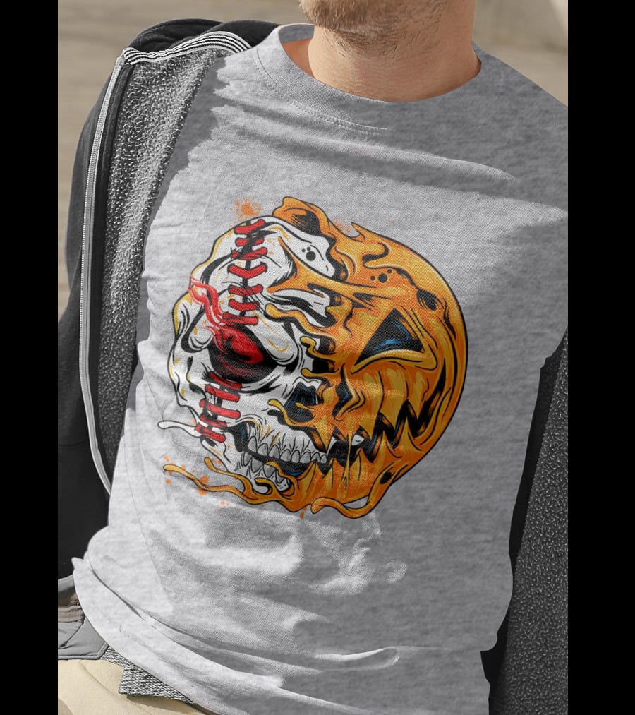 Baseball Pumpkin Skull Halloween Fusion T-Shirt