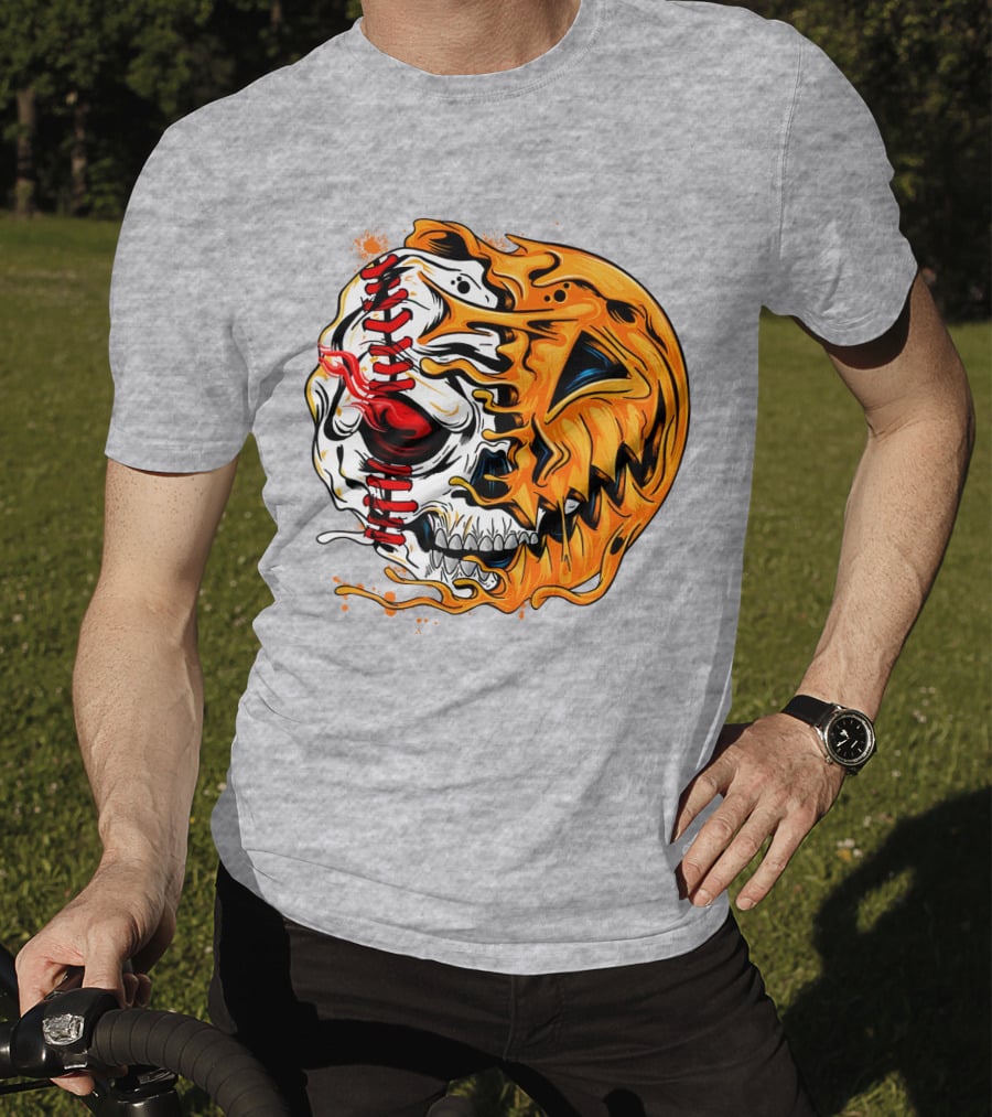 Baseball Pumpkin Skull Halloween Fusion T-Shirt