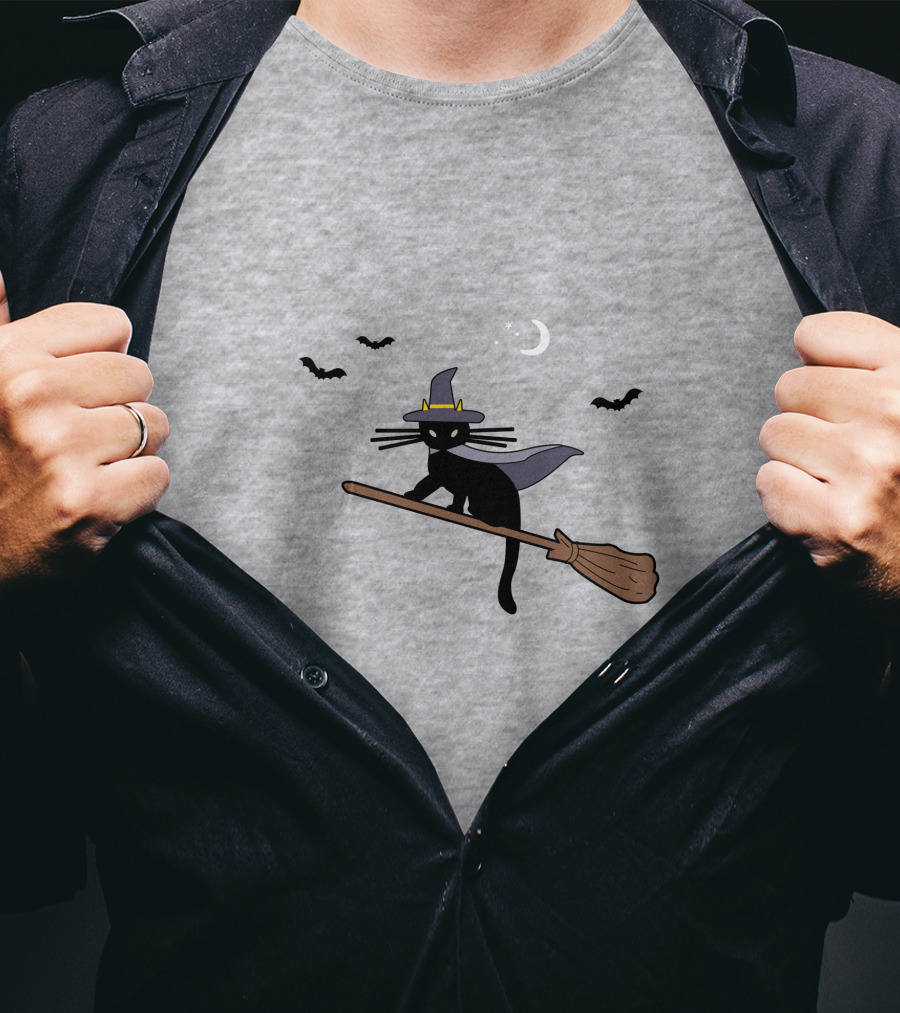 Black Cat Halloween Hocus Pocus Magic Broomstick Bat Lover T-Shirt
