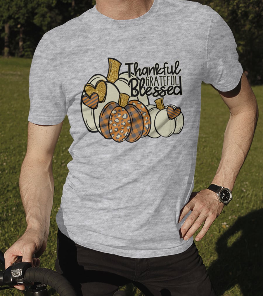 Thankful Grateful Blessed Leopard Pumpkin Thanksgiving T-Shirt