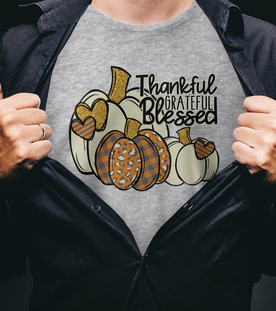 Thankful Grateful Blessed Leopard Pumpkin Thanksgiving T-Shirt