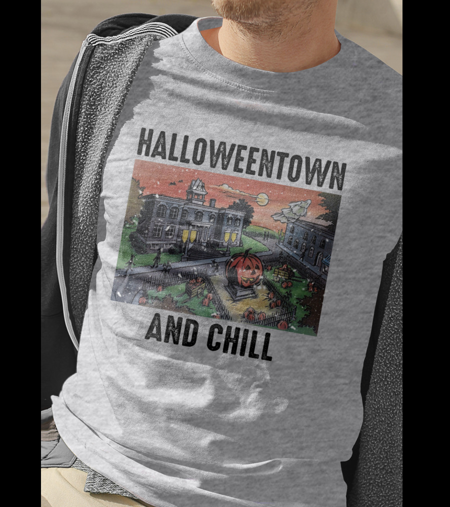 Halloweentown And Chill Spooky Town Scene With Lit Pumpkin Statue T-Shirt