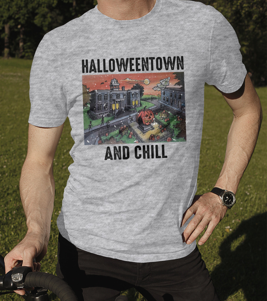 Halloweentown And Chill Spooky Town Scene With Lit Pumpkin Statue T-Shirt