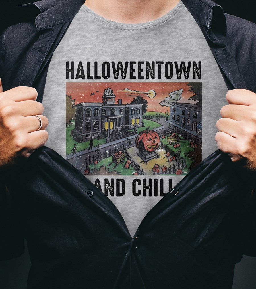Halloweentown And Chill Spooky Town Scene With Lit Pumpkin Statue T-Shirt