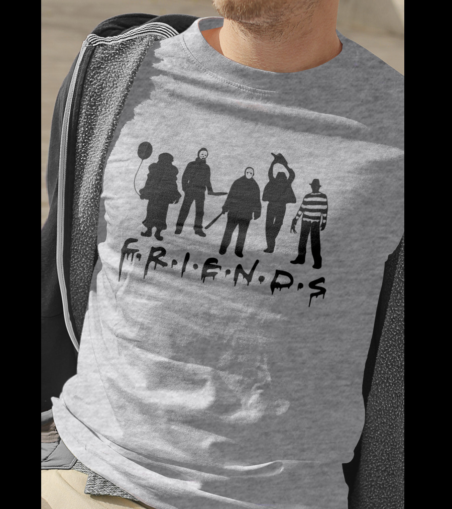 F.R.I.E.N.D.S Halloween Horror Movie Characters With Balloon And Stripes T-Shirt