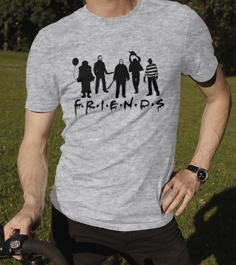 F.R.I.E.N.D.S Halloween Horror Movie Characters With Balloon And Stripes T-Shirt