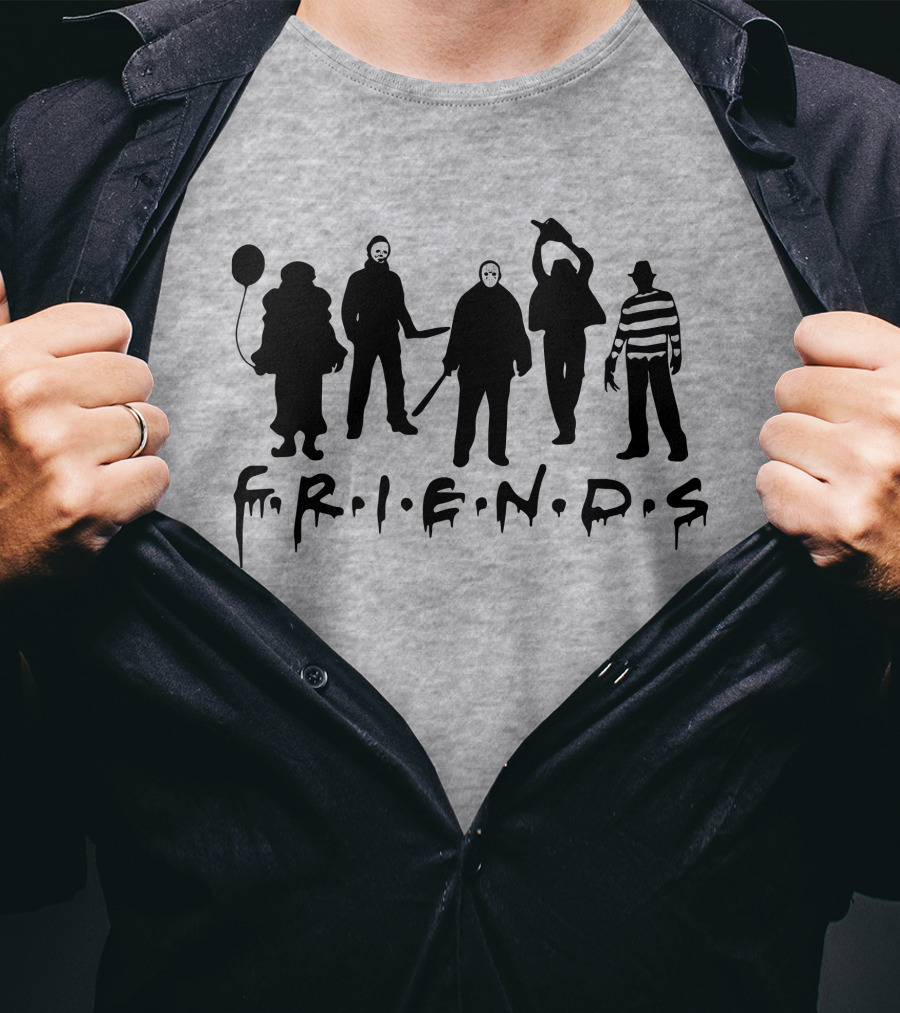 F.R.I.E.N.D.S Halloween Horror Movie Characters With Balloon And Stripes T-Shirt