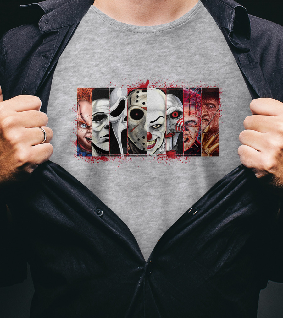 Chucky Ghostface Jason Voorhees Pennywise Jigsaw Pinhead Freddy Krueger Horror Movie Characters T-Shirt