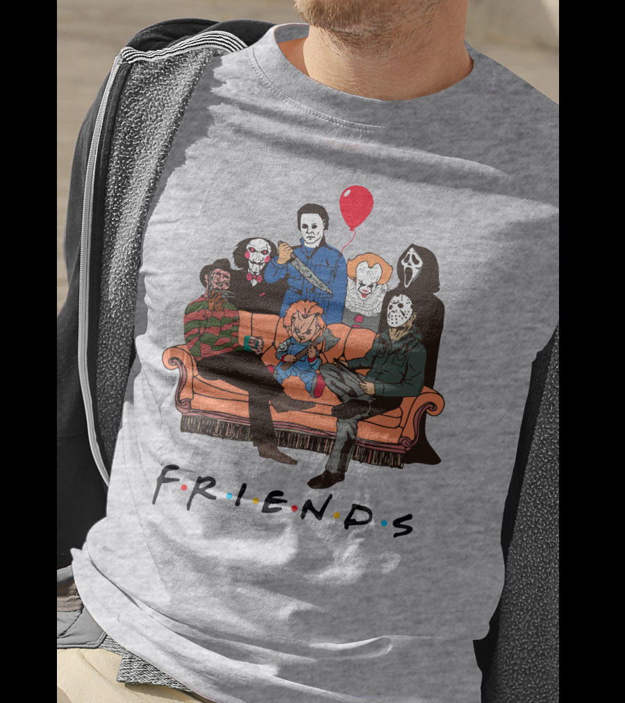 Famous Horror Movie Killers Characters Friends Sitting On Couch With Red Balloon T-Shirt
