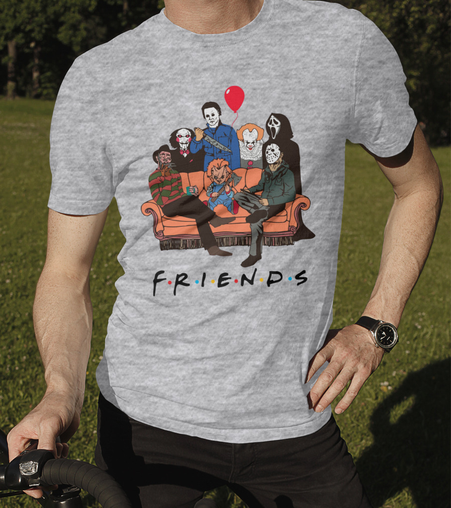 Famous Horror Movie Killers Characters Friends Sitting On Couch With Red Balloon T-Shirt