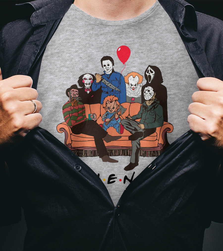 Famous Horror Movie Killers Characters Friends Sitting On Couch With Red Balloon T-Shirt