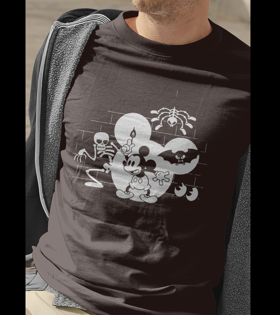 Mickey Mouse Haunted Halloween Mansion With Skeleton And Bat T-Shirt