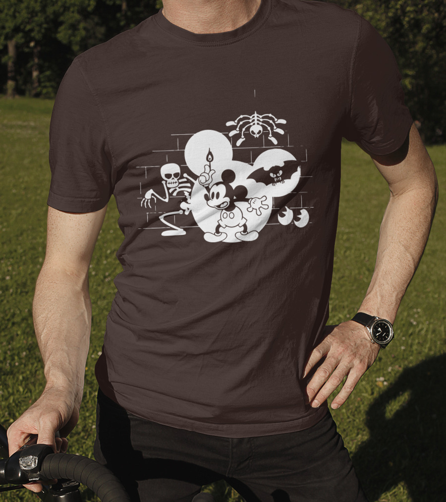 Mickey Mouse Haunted Halloween Mansion With Skeleton And Bat T-Shirt