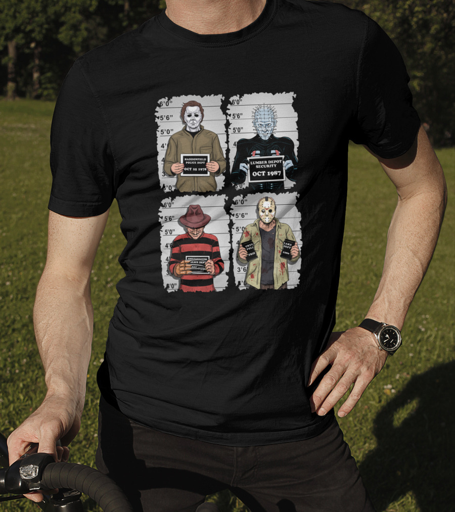 Horror Movie Characters Mugshot Haddonfield Lumber Depot Freddy Elm Street Lake Crystal T-Shirt