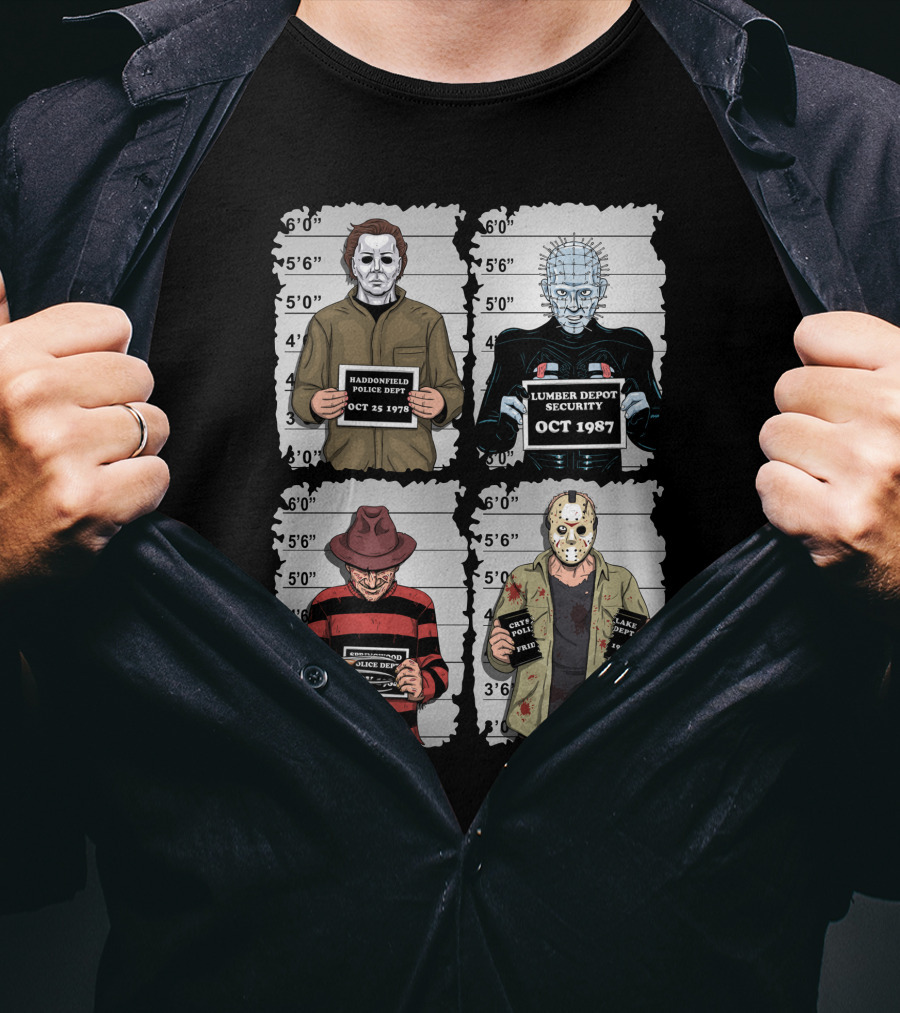 Horror Movie Characters Mugshot Haddonfield Lumber Depot Freddy Elm Street Lake Crystal T-Shirt