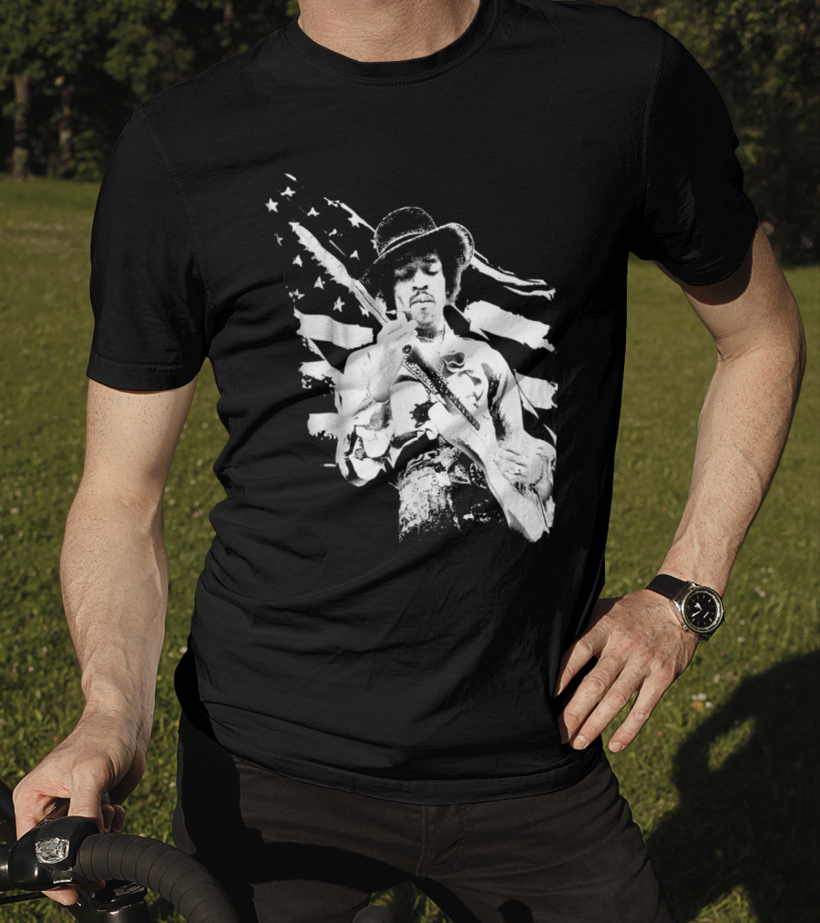 Jimi Hendrix Americana With Stars And Stripes Flag T-Shirt