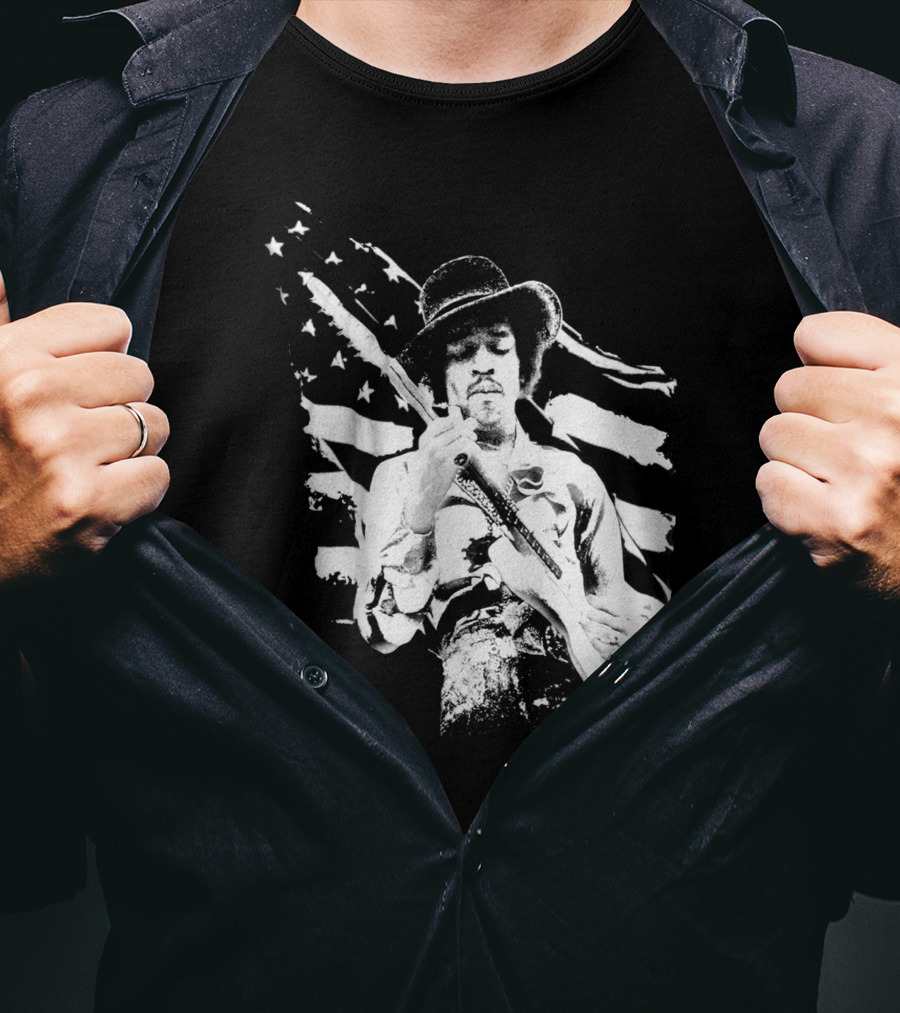Jimi Hendrix Americana With Stars And Stripes Flag T-Shirt