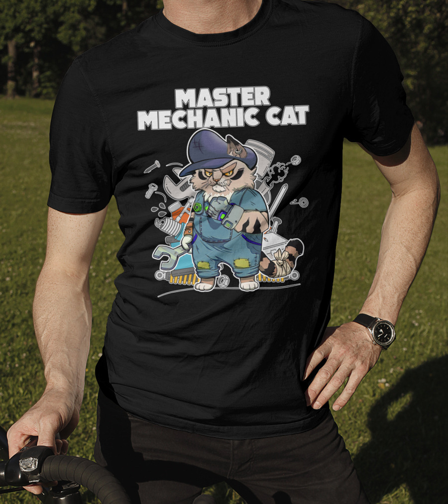 Master Mechanic Cat Repair Crew With Tools And Blue Overalls T-Shirt
