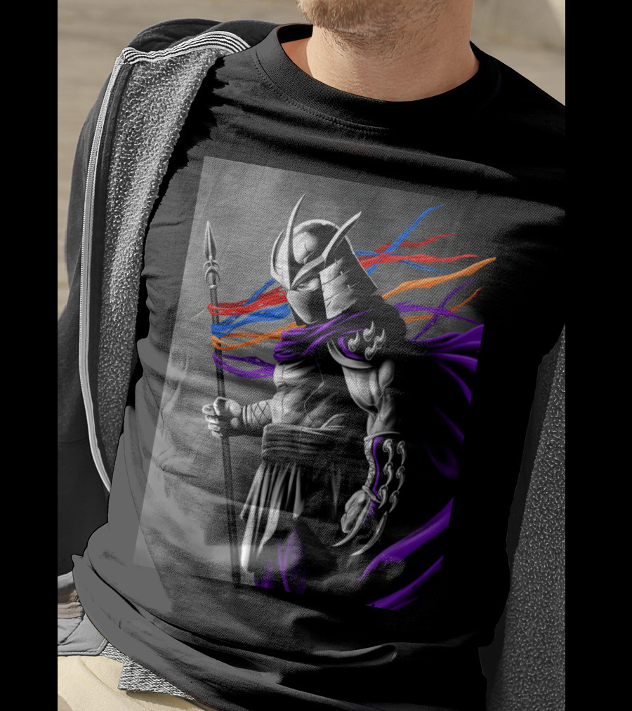 Shredder Villain With Spear And Flowing Cape In Colorful Ribbons T-Shirt