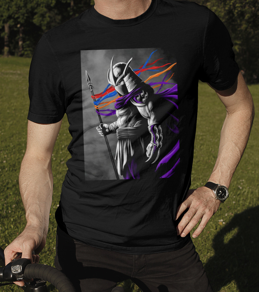 Shredder Villain With Spear And Flowing Cape In Colorful Ribbons T-Shirt
