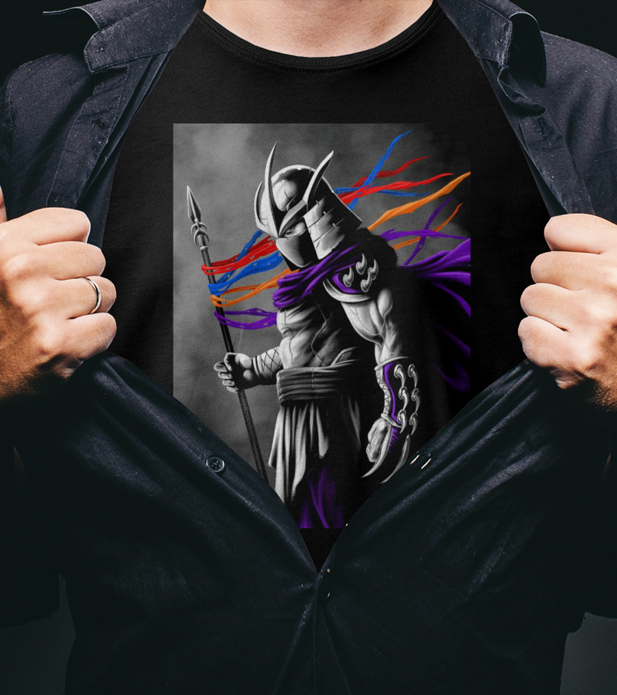Shredder Villain With Spear And Flowing Cape In Colorful Ribbons T-Shirt