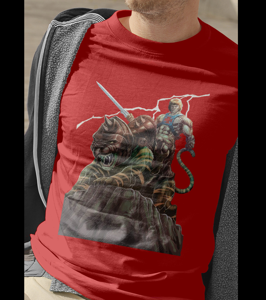 He-Man Masters Of The Universe Sword And Battle Cat On Rock With Lightning T-Shirt