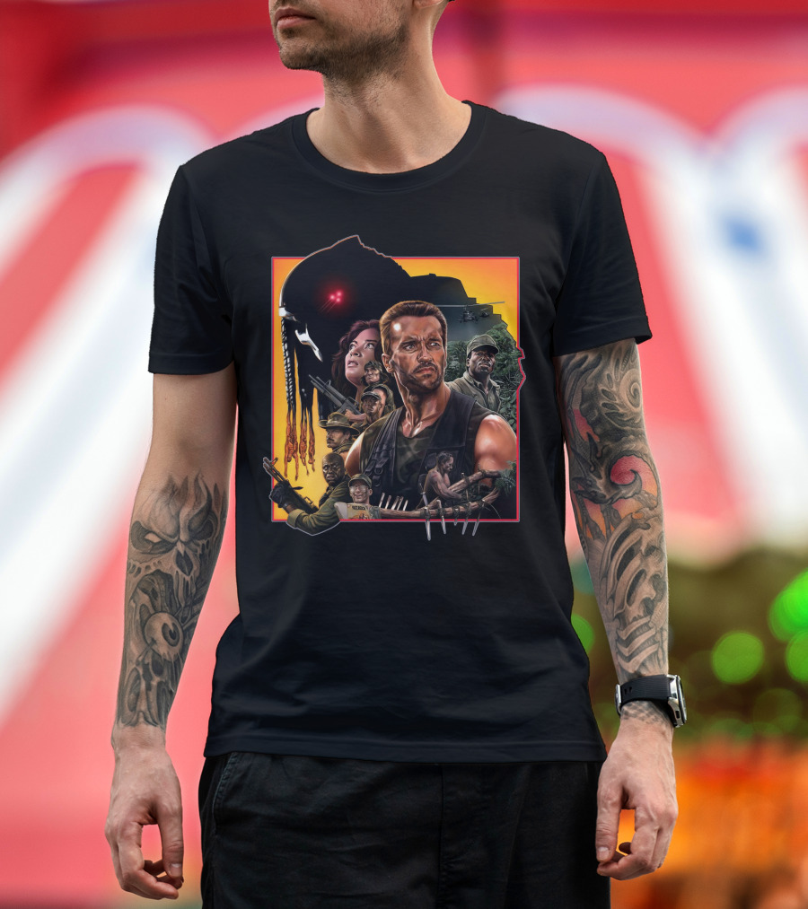 Predator Movie Characters and Jungle Battle Scene T-Shirt