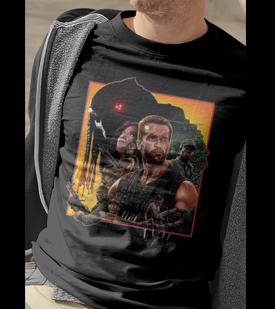 Predator Movie Characters And Jungle Battle Scene T-Shirt
