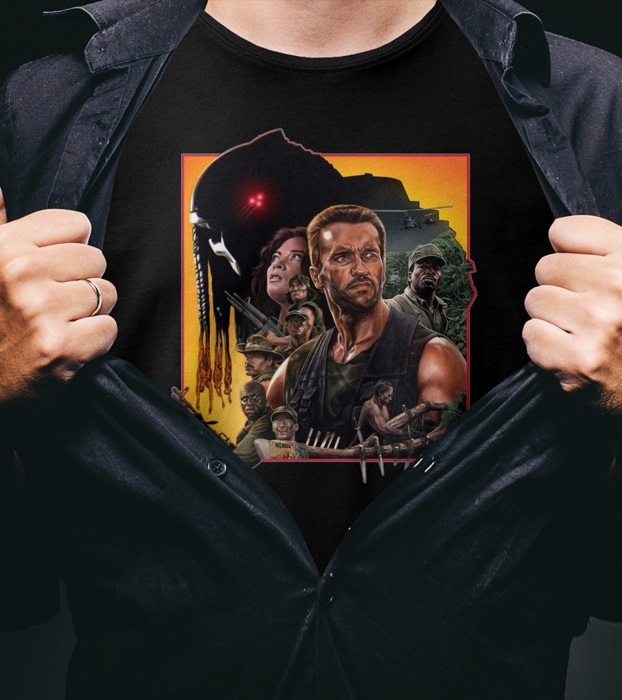 Predator Movie Characters And Jungle Battle Scene T-Shirt