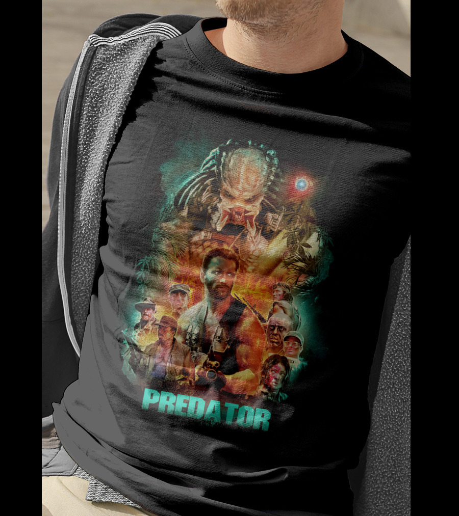 Predator Movie Collage Featuring Iconic Characters And Alien Hunter T-Shirt