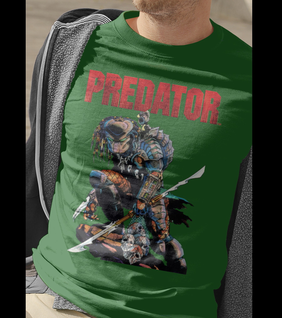 Predator Armored Warrior Kneeling With Blade And Skull Trophy T-Shirt