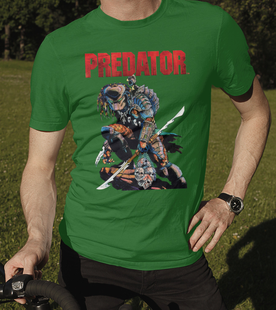 Predator Armored Warrior Kneeling With Blade And Skull Trophy T-Shirt