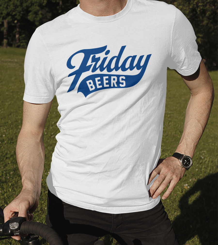Friday Beers Signature White Logo Blue Text T-Shirt