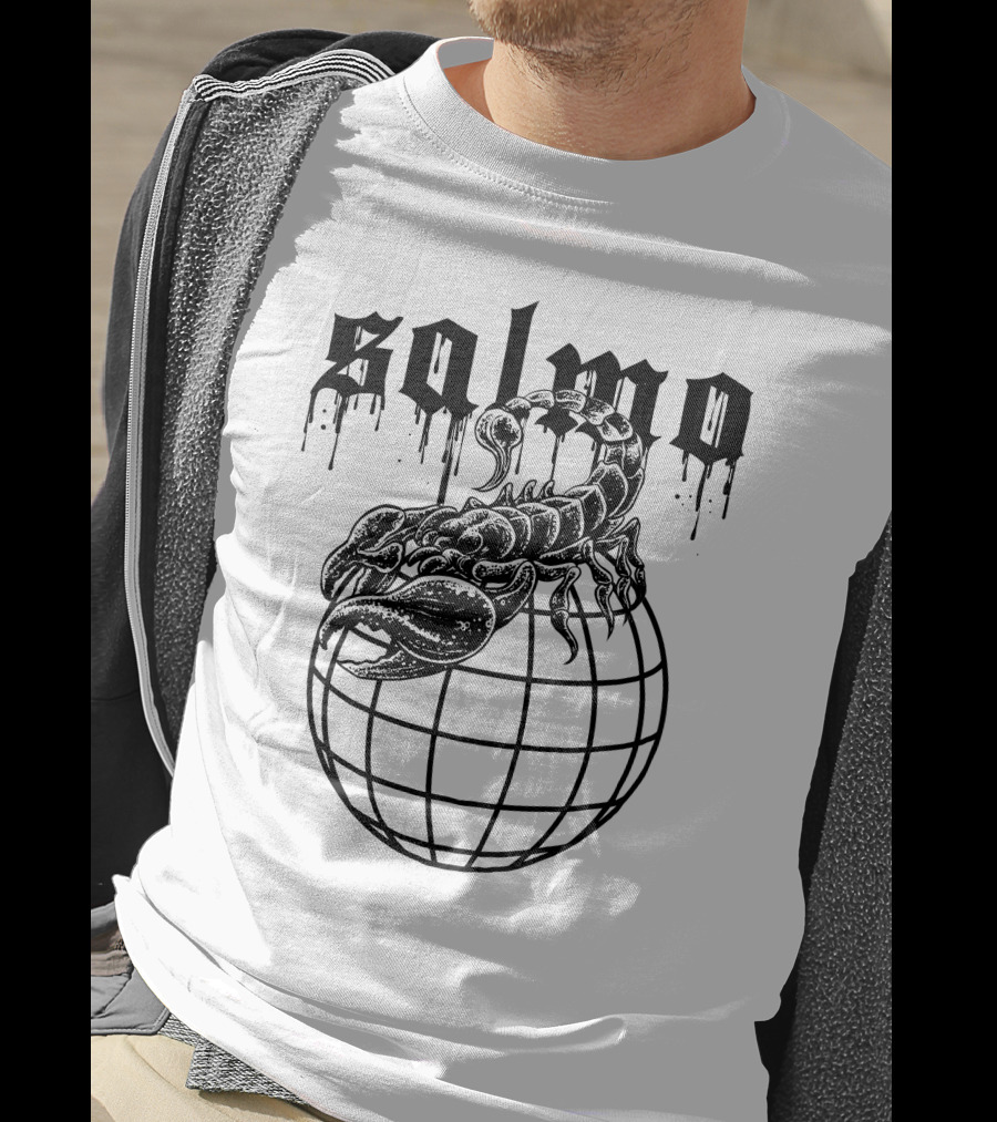 Salmo Scorpio With Dripping Text And Scorpion On Globe T-Shirt