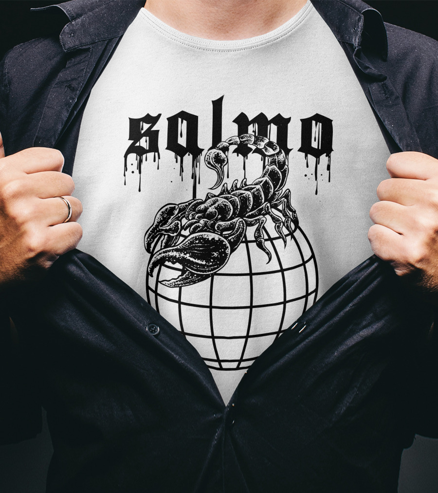 Salmo Scorpio With Dripping Text And Scorpion On Globe T-Shirt
