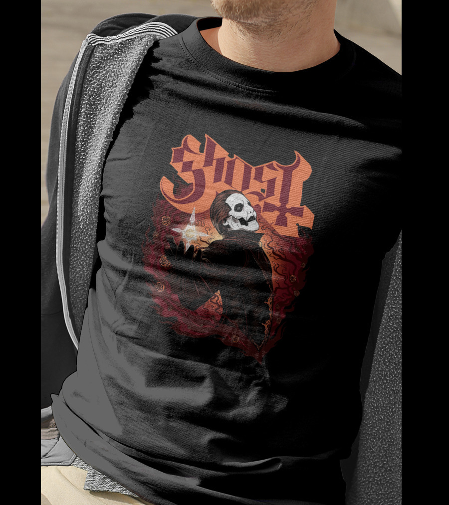 Ghost Band Skull Figure Red Flames T-Shirt