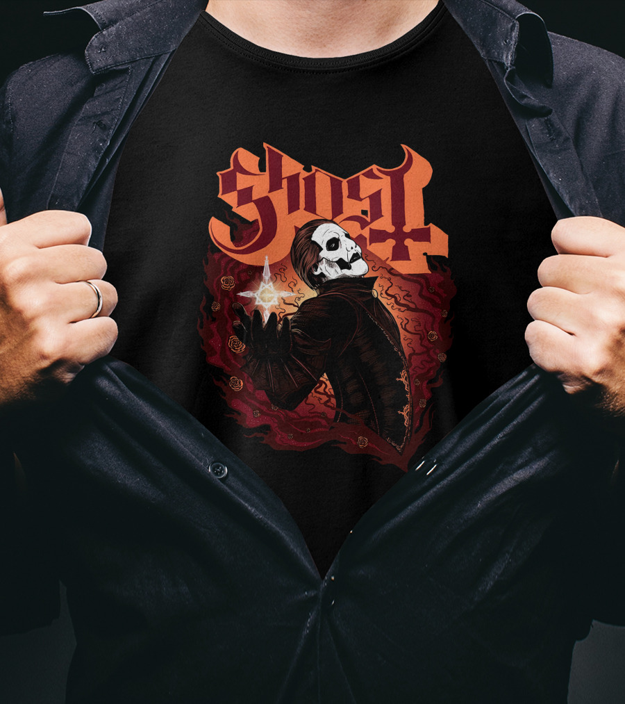 Ghost Band Skull Figure Red Flames T-Shirt