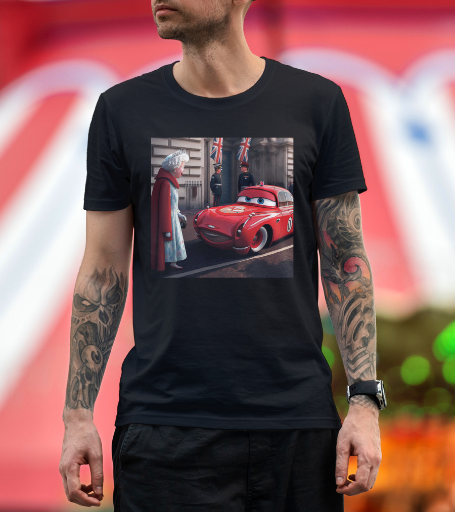 Lightning McQueen Meets Queen of England with British Guards and Flags T-Shirt