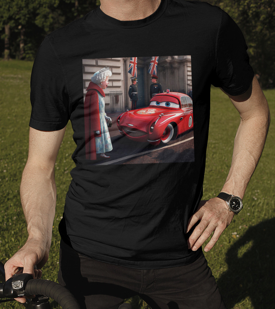Lightning McQueen Meets Queen Of England With British Guards And Flags T-Shirt