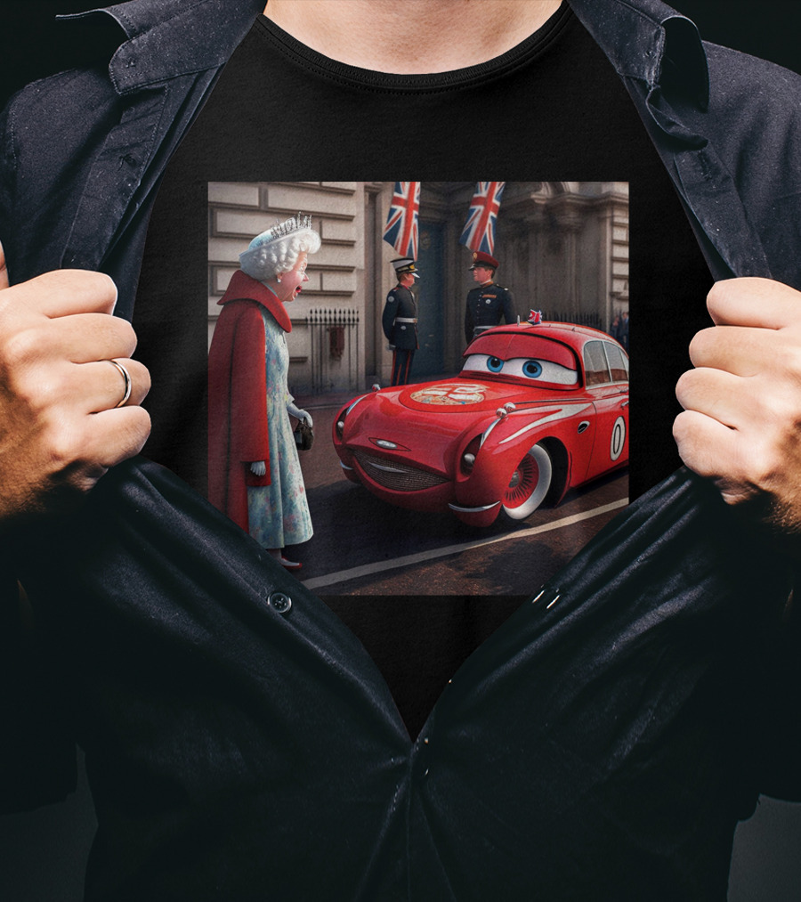 Lightning McQueen Meets Queen Of England With British Guards And Flags T-Shirt