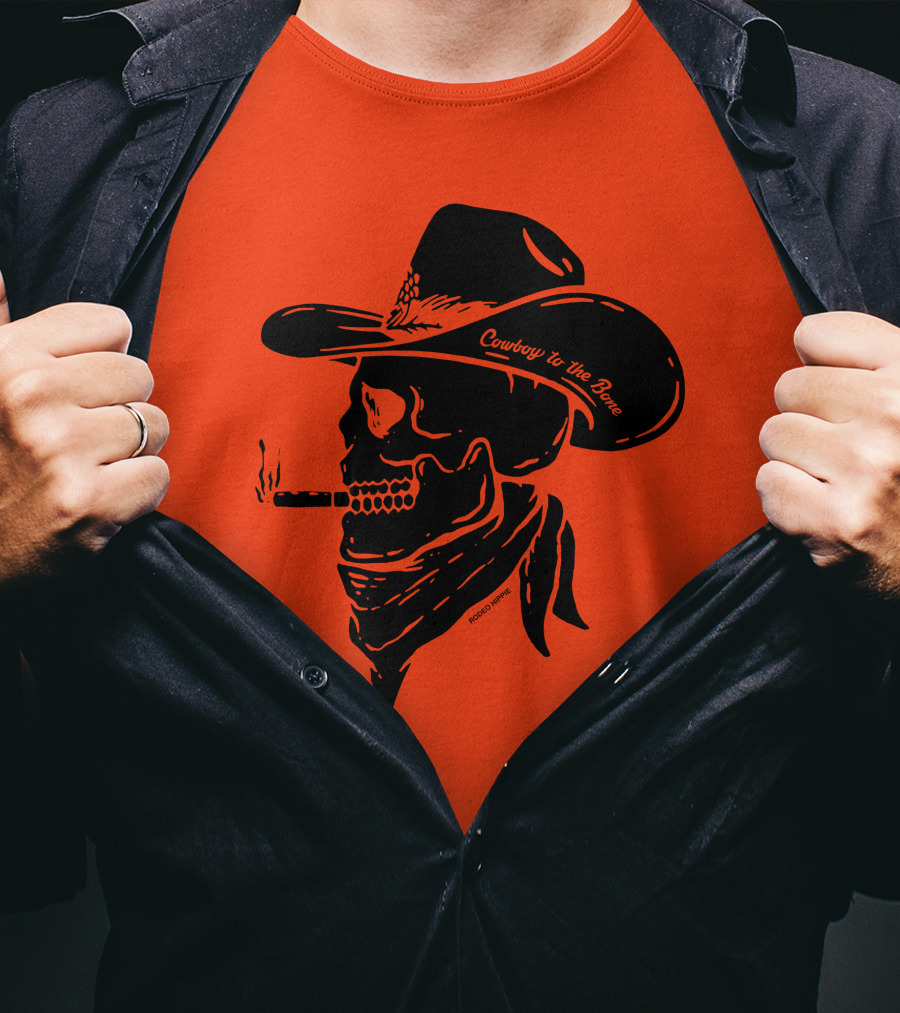 Cowboy To The Bone Skeleton Smoking Bandana Hat T-Shirt
