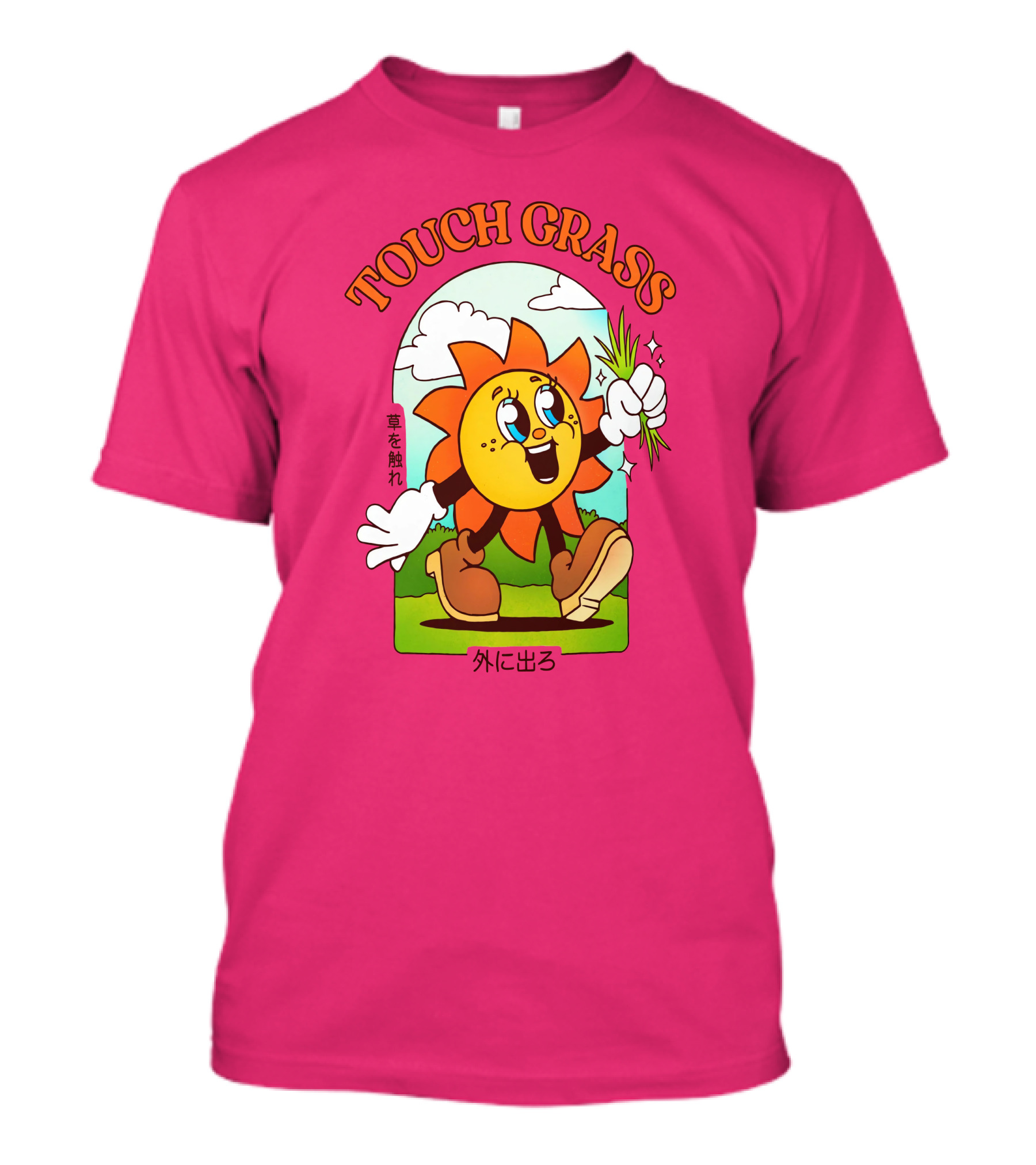 TOUCH GRASS Hellvetika Sunflower Character Boots Japan Text T-Shirt